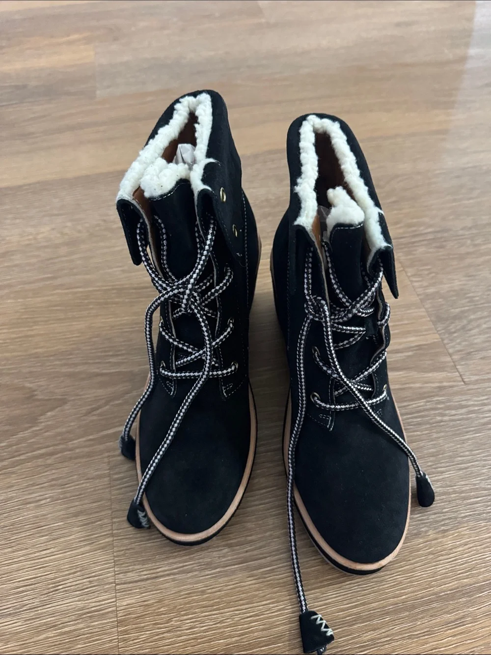 kate spade Black Suede Lace-Up Wedge Ankle Boots with Tan Trim